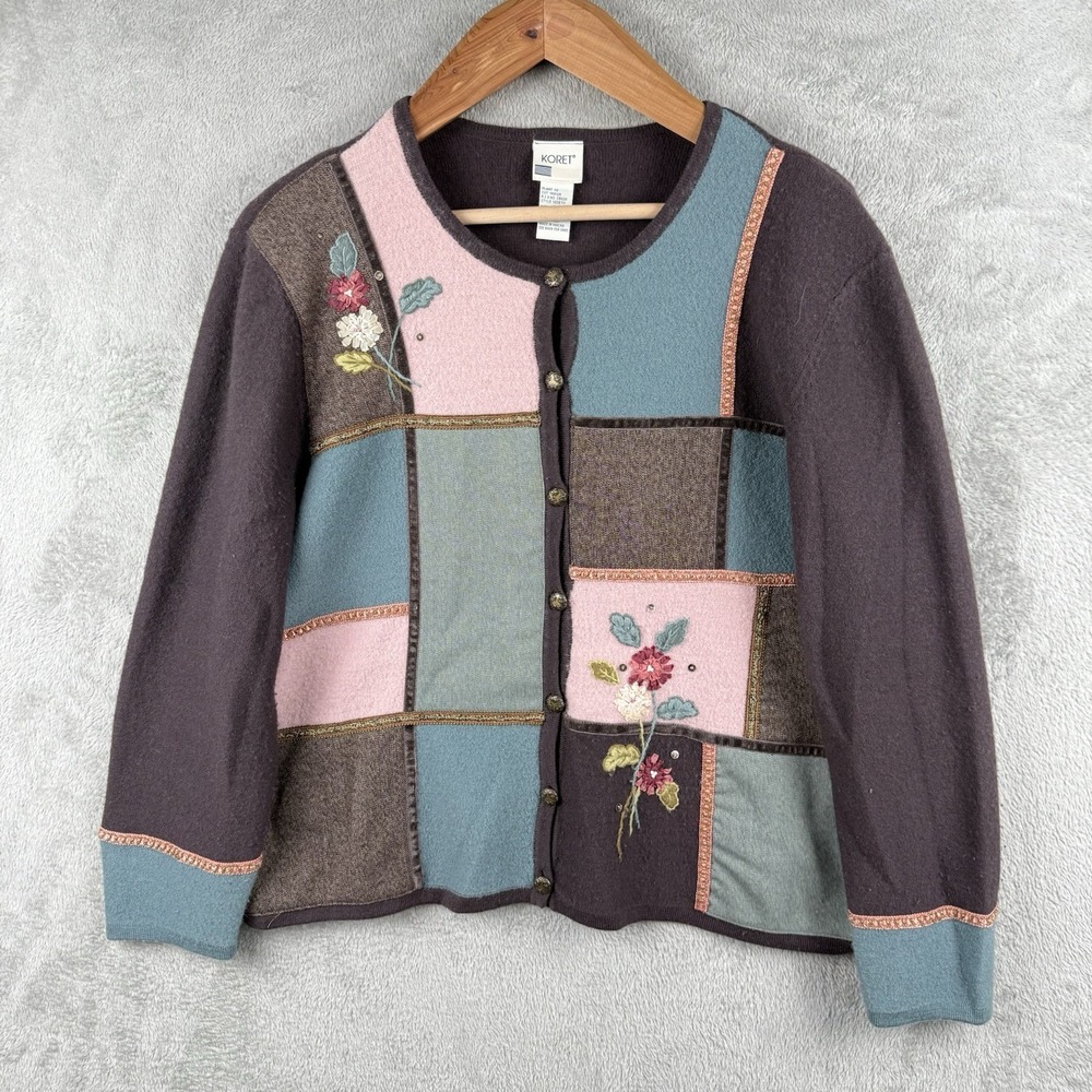 Koret Patchwork Wool Cardigan Size L Sequin‎ Cottagecore Granny Vintage 90s